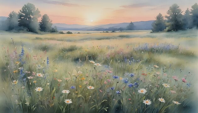Serene Wildflower Meadow at Sunrise with Misty Hills