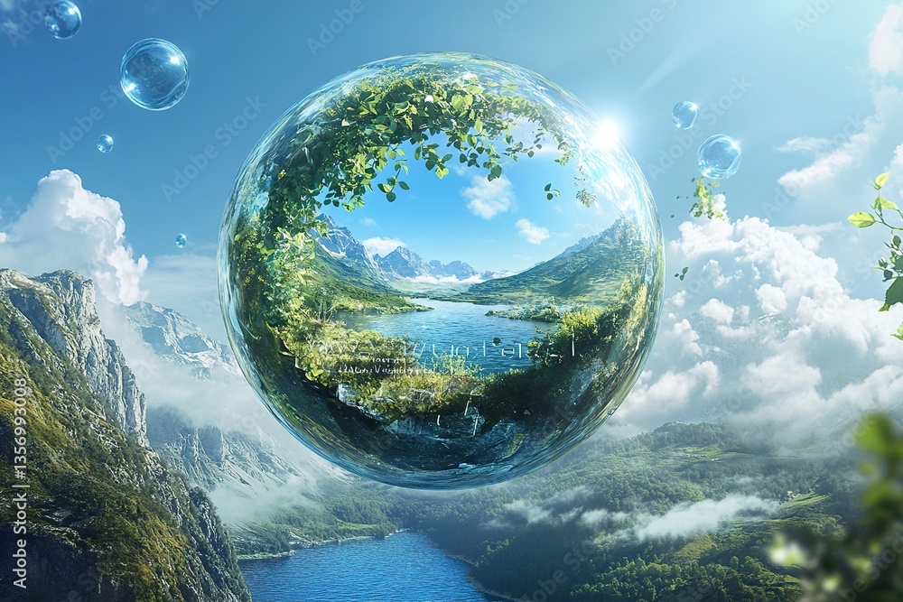 Poster a round sphere with the word written on it, inside of which is an ai-generated landscape scene with 