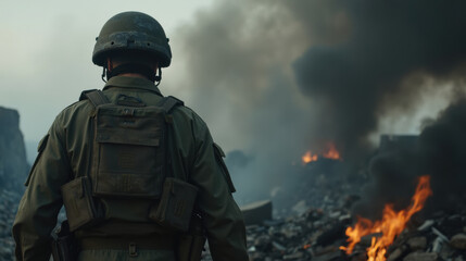 Naklejka premium soldier stands amidst smoke and flames, surveying destruction. scene evokes sense of tension and resilience in war torn environment