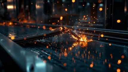 Obraz premium Industrial meltdown sparks fly during metal processing in factory dynamic action scene high-tech environment