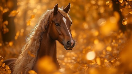 Side view of a horse with a rich brown coat, its profile sharply defined against a background of glowing autumn trees, light playing through the leaves.  
