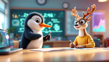 Animated penguin and deer characters engaging in classroom learning activities