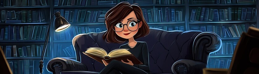 Woman reading book in library, night