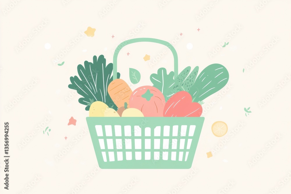 Poster illustration featuring a green shopping basket filled with fresh vegetables and fruits on a soft pas