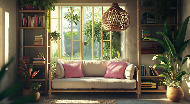 Interior elegante da sala de estar com um sof&aacute; com detalhes em linho adornado com almofadas decorativas cor-de-rosa.