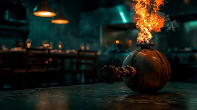 Flame eruption in a restaurant kitchen culinary arts dramatic setting indoor action-packed scene
