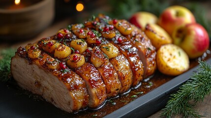 Sliced glazed pork for Christmas dinner on dish with apple and potato, close-up.  