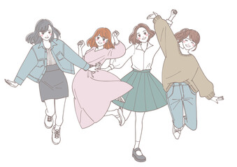 ジャンプしている若い女性たちのイラスト