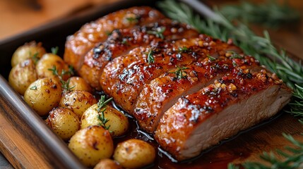 Sliced glazed pork with a glossy finish on a ceramic dish, apples and potatoes roasted to golden perfection, close-up highlighting the textures and holiday warmth.  