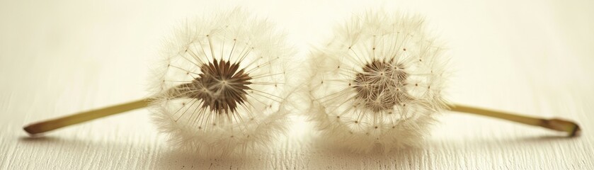 Two dandelion seeds on a plain background