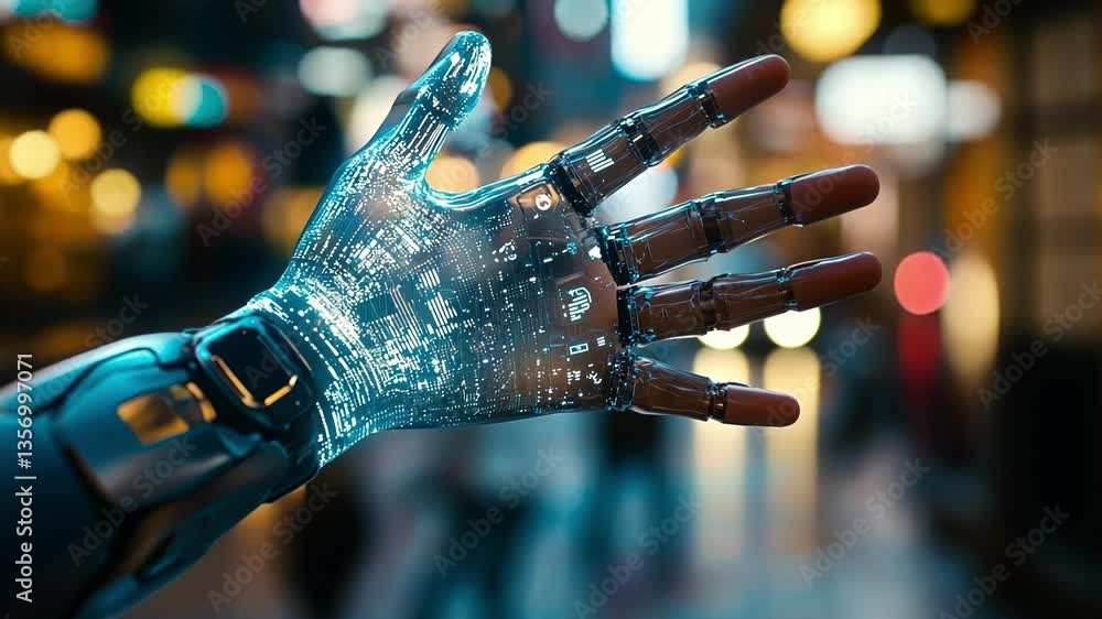 Poster robotic hand with intricate digital circuits and glowing elements extends in a blurred urban setting