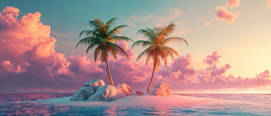 Fototapeta premium Tropical sunset over pink sandy island with stylized palm trees