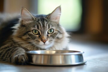 A cat sitting near an empty food bowl, looking confused due to the shift in feeding time from daylight savings