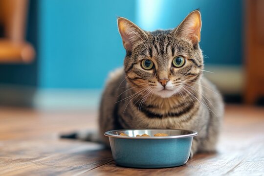 A cat sitting near an empty food bowl, looking confused due to the shift in feeding time from daylight savings