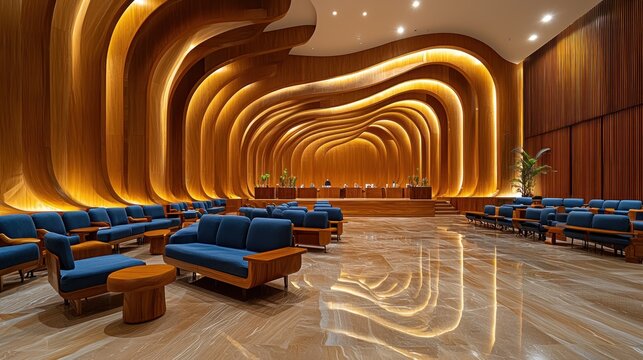 Luxurious, curved wood-paneled hall with blue seating and polished floor