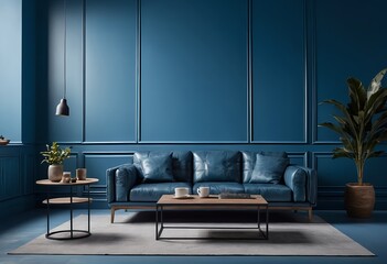 Modern Teal Living Room Interior with Leather Sofa and Coffee Table