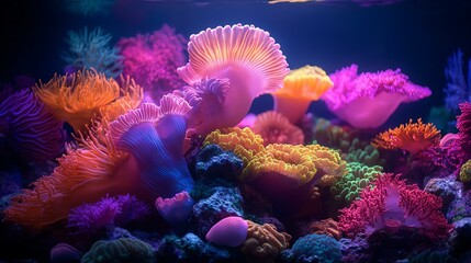 A vibrant underwater scene showcasing colorful coral reefs and diverse marine life, illustrating the beauty and diversity of ocean ecosystems in vivid hues.