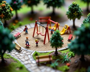 A colorful miniature playground scene featuring swings, slides, and trees, with children playing and families enjoying a sunny day outdoors.