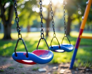 A serene playground scene featuring colorful swings, illuminated by soft sunlight filtering through trees.
