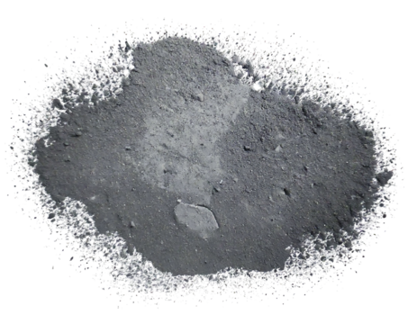 A dramatic closeup of dark gray powder, scattered against a stark white background.  The texture is rough and granular, evoking themes of industry, decay, or the raw elements.