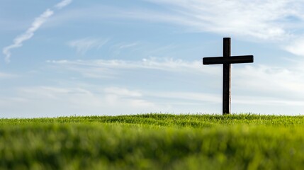 A weathered cross on a grassy hillside, representing faith that stands the test of time.