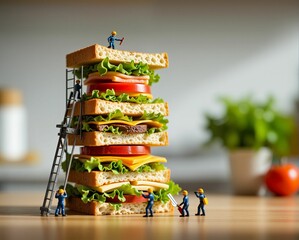 A whimsical scene featuring miniature workers constructing a towering sandwich filled with layers of vegetables and cheese.