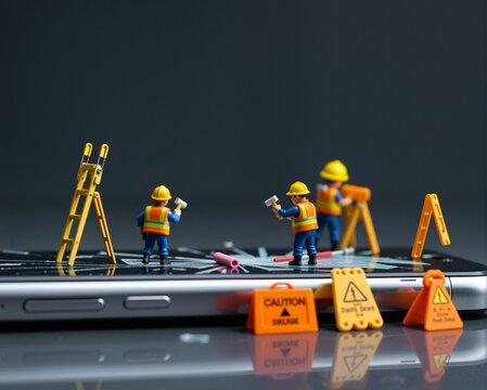 Miniature construction workers are seen on a smartphone, using tools and safety signs, creating a playful scene of repair work in a digital environment.