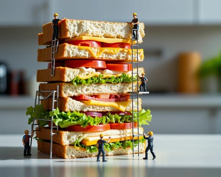 A whimsical scene featuring miniature workers building a towering sandwich with layers of vegetables, cheese, and bread.
