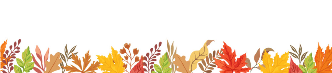 Fall border, frame with Autumn decorative leaves. Orange, brown and red foliage drawing in flat style. Fall season backdrop with forest leafage. Vector illustration Isolated on transparent background.
