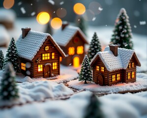 Fototapeta premium A cozy scene of snow-covered gingerbread houses illuminated by warm lights, surrounded by miniature pine trees, creating a festive winter atmosphere.