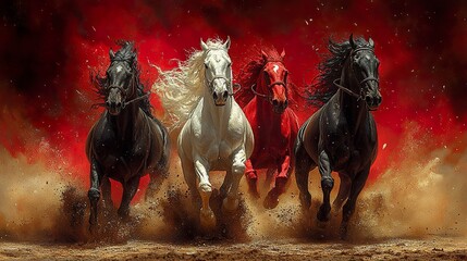 The four horses of the apocalypse in dynamic motion, white for conquest, red for war, black for famine, and pale for death, riding across a barren, scorched earth.  