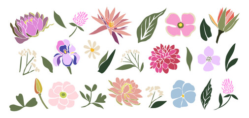 Set of hand drawn floral design elements, abstract shapes. Wild and garden flowers, leaves. Contemporary modern vector botanical art illustrations in trendy bright colors