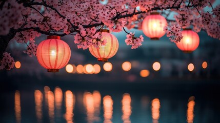 Fototapeta premium Pink lanterns hanging from cherry blossom trees over a serene lake at twilight.