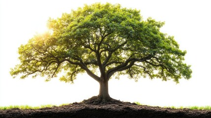 Majestic tree in lush foliage, rooted in rich earth, sunlit backdrop