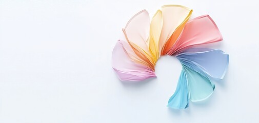 Fototapeta premium A vibrant arrangement of translucent, colorful fabric pieces forming a circular pattern against a plain background, evoking a sense of creativity and elegance.