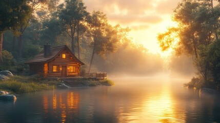 Fototapeta premium Serene Sunrise at a Lakeside Cabin in a Misty Forest