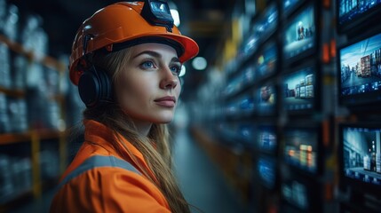 A logistics professional wearing safety gear observes multiple monitors displaying inventory and distribution data in a well organized warehouse setting.