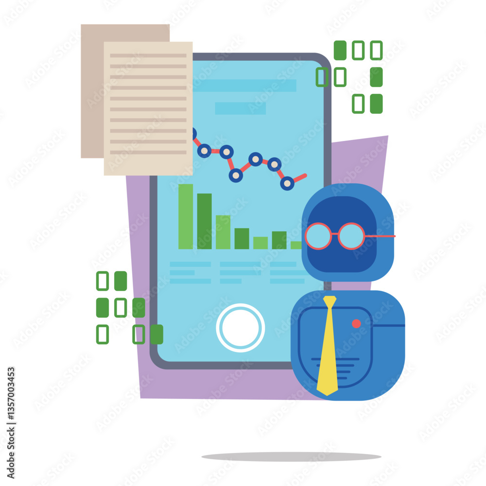 Poster robot character standing next to smartphone showing financial charts and data in modern design. docu
