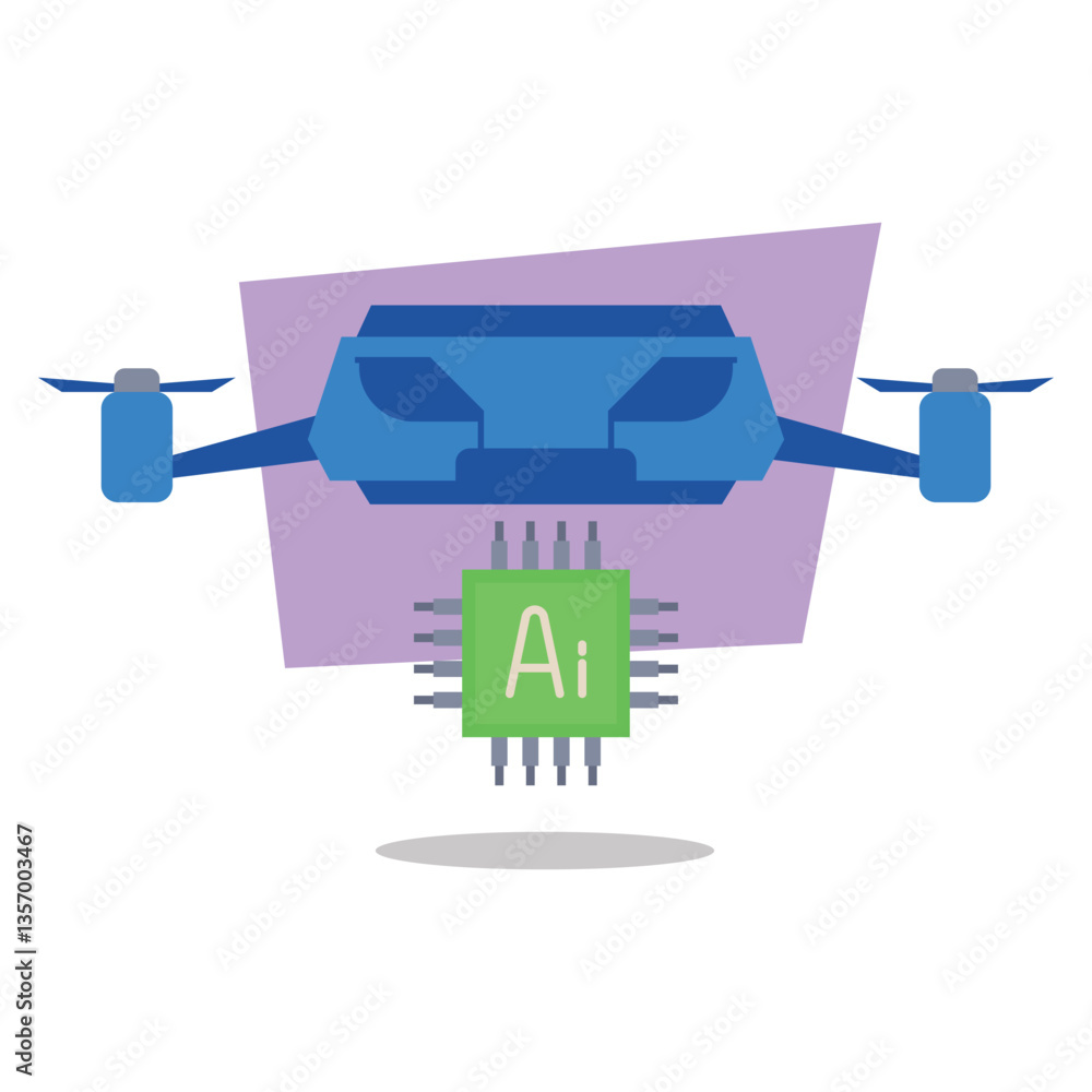 Poster blue drone hovering above ai chip. concept of advanced technology, integration of artificial intelli