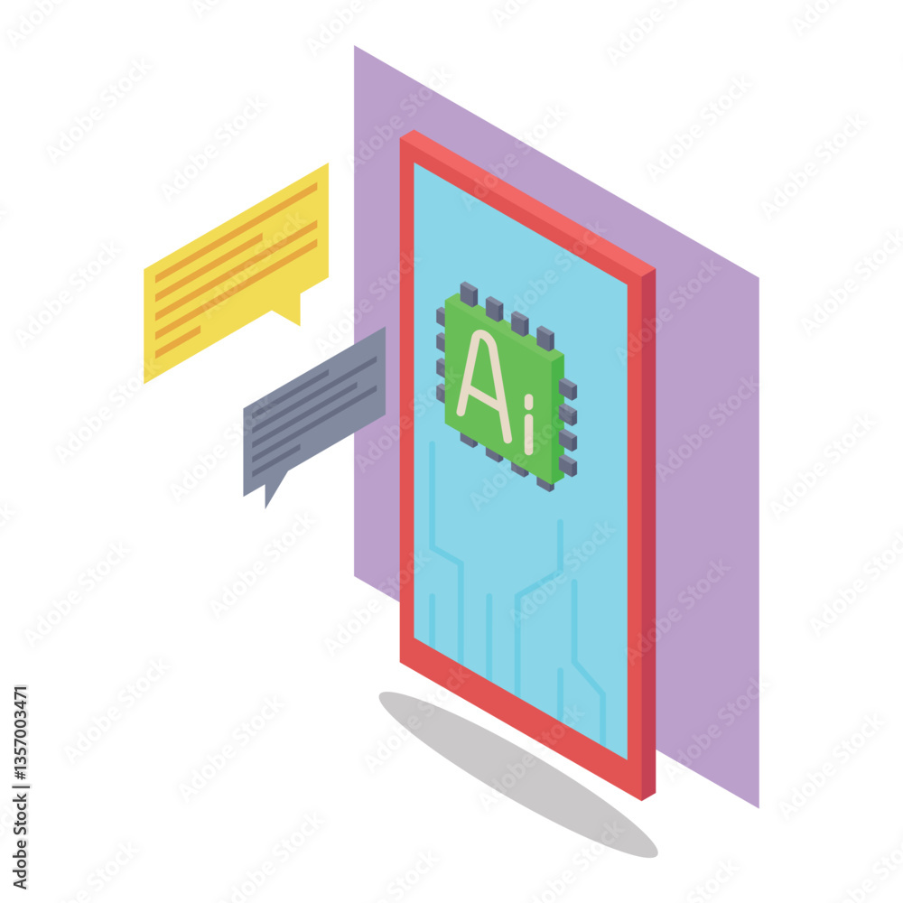 Poster colorful digital display with elements of artificial intelligence. text bubbles surrounding central 