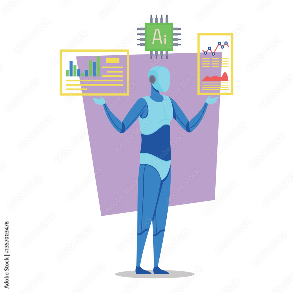 Poster humanoid figure displaying data dashboards on both hands. concept of integration of artificial intel