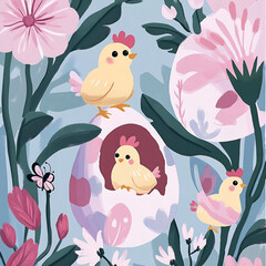 Naklejka premium Cute Easter hand drawn illustration with floral elements. Watercolor flat illustration in pastel colors.