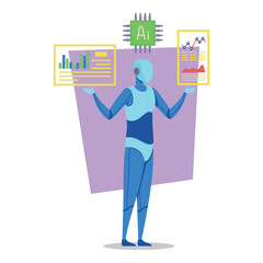 Humanoid figure displaying data dashboards on both hands. Concept of integration of artificial intelligence in data analysis and modern technology trends