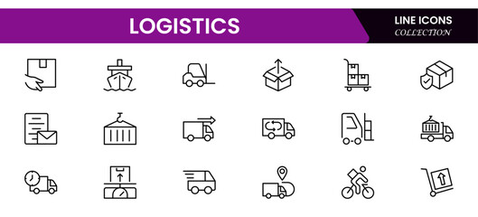 Logistics Icon Set Featuring Transportation, Inventory, Packaging, and Route Planning Symbols