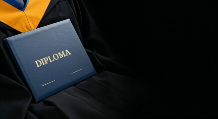 Diploma on Graduation Gown Against Black Background, copy space. Presentation of diploma