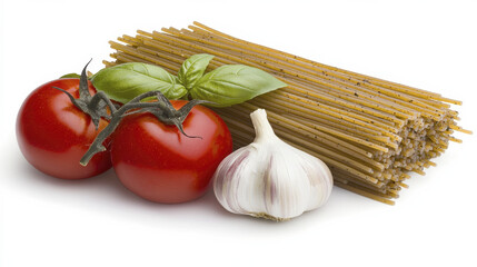 Fresh tomatoes, garlic, and basil accompany bundle of spaghetti, creating vibrant and appetizing scene perfect for Italian cuisine