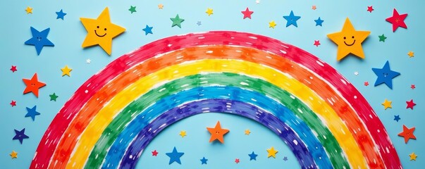Whimsical hand-drawn rainbow and star design on a seamless background, whimsical, hand-drawn
