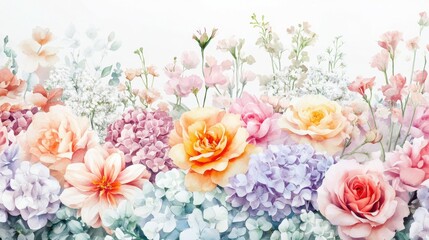 Obraz premium Vintage aesthetic watercolor seamless pattern with morning glories, violets, lilies, daisies, cosmos, ivy, irises, tulips, peonies, roses 