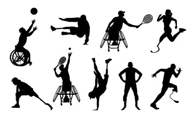 Silhouettes of diverse sport people with health conditions or impairments. Athletes participating in competition, running, playing tennis, basketball, soccer. Vector illustration isolated