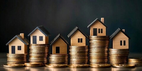 Mini house on stack of coins. Concept of property investment, income , tax, and passive income. Peculiar AI generative image